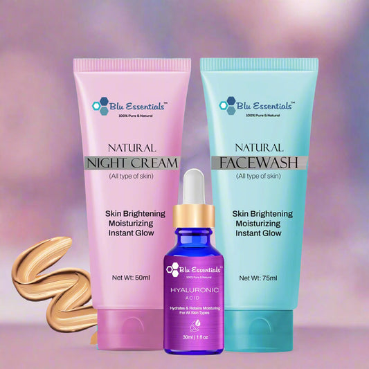 Blu Essentials Skincare Combo – Facewash, Night Cream & Hyaluronic Acid | Daily Hydration & Brightening Kit for Healthy Glowing Skin