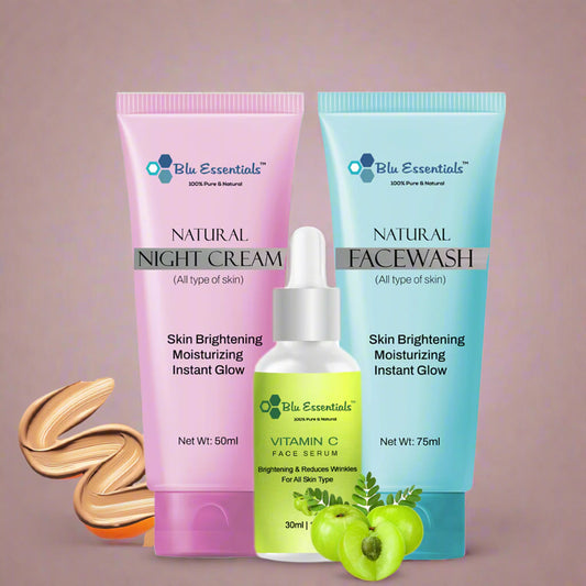 Blu Essentials Skincare Combo for Men & Women | Facewash, Night Cream & Vitamin C Serum | Brightening, Hydrating & Anti-Aging Kit